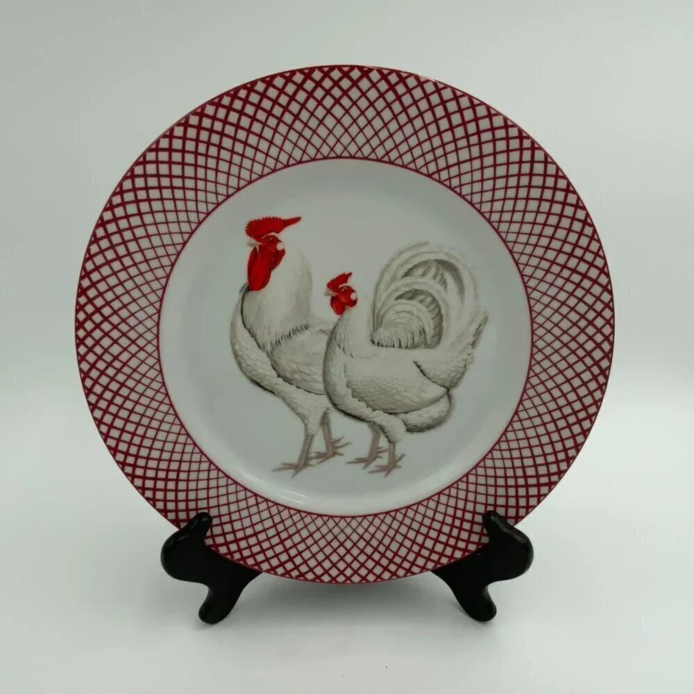 The Haldon Group Devonshire WHITE Rooster & Hen Dinner Plate Vintage Red & White